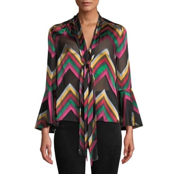 Alice +  Olivia Merideth Flared Cuff Chevron Pussybow Blouse Silk Blend M - Picture 1 of 10
